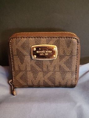 Michael Kors Brown Monogram Zip Card Case with Gold Plate